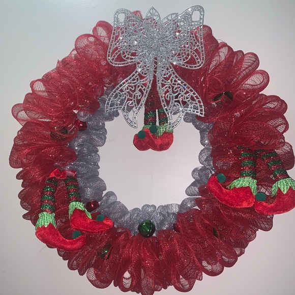 Hand Crafted Other - Christmas elf red green and silver mesh wreath